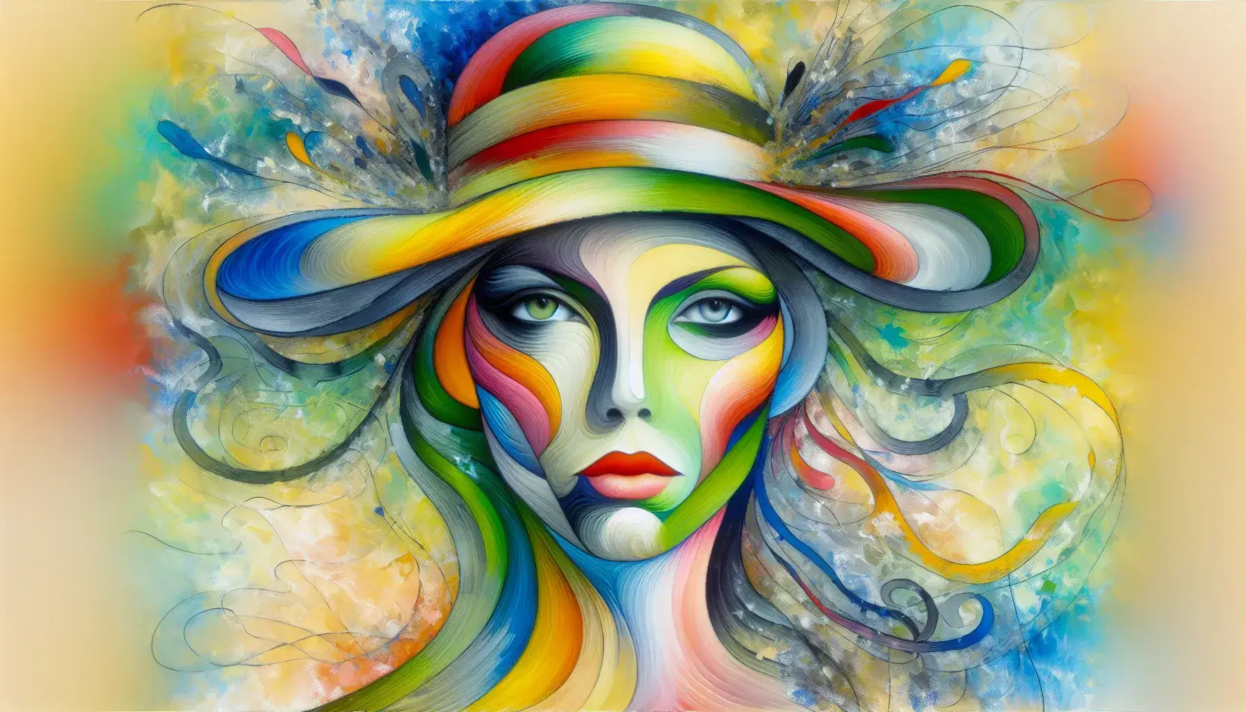 Ritratto astratto di donna con cappello decorativo colorato e pelle in toni di verde, rosa e giallo su sfondo astratto.