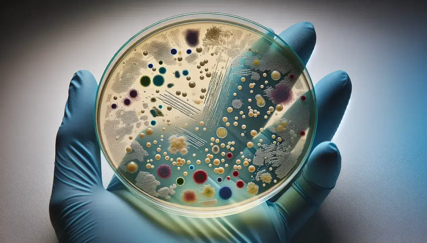 Vista microscópica de una colonia de bacterias en placa de Petri con medio de cultivo y manchas irregulares multicolores, sostenida por manos enguantadas en laboratorio.