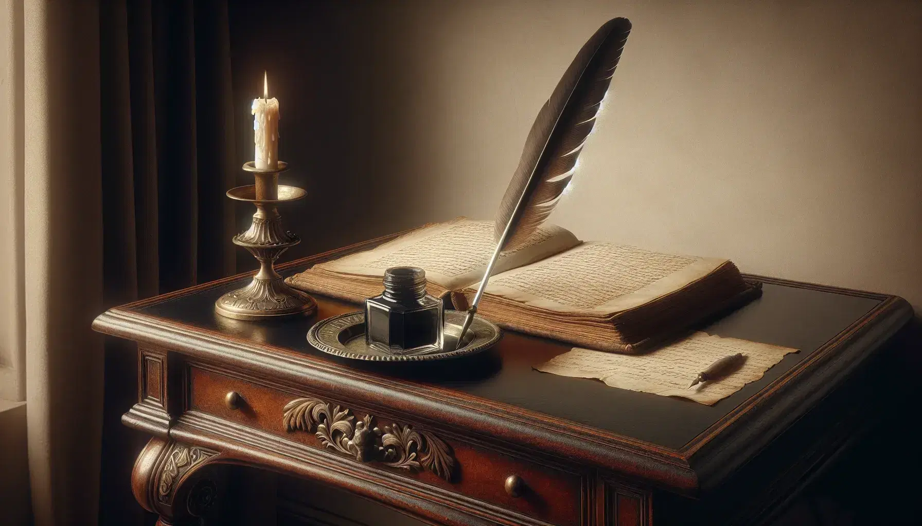 18th-century writing desk with open leather-bound book, black quill in brass inkwell, new white candle on pewter holder, and porcelain dish with ink blots.