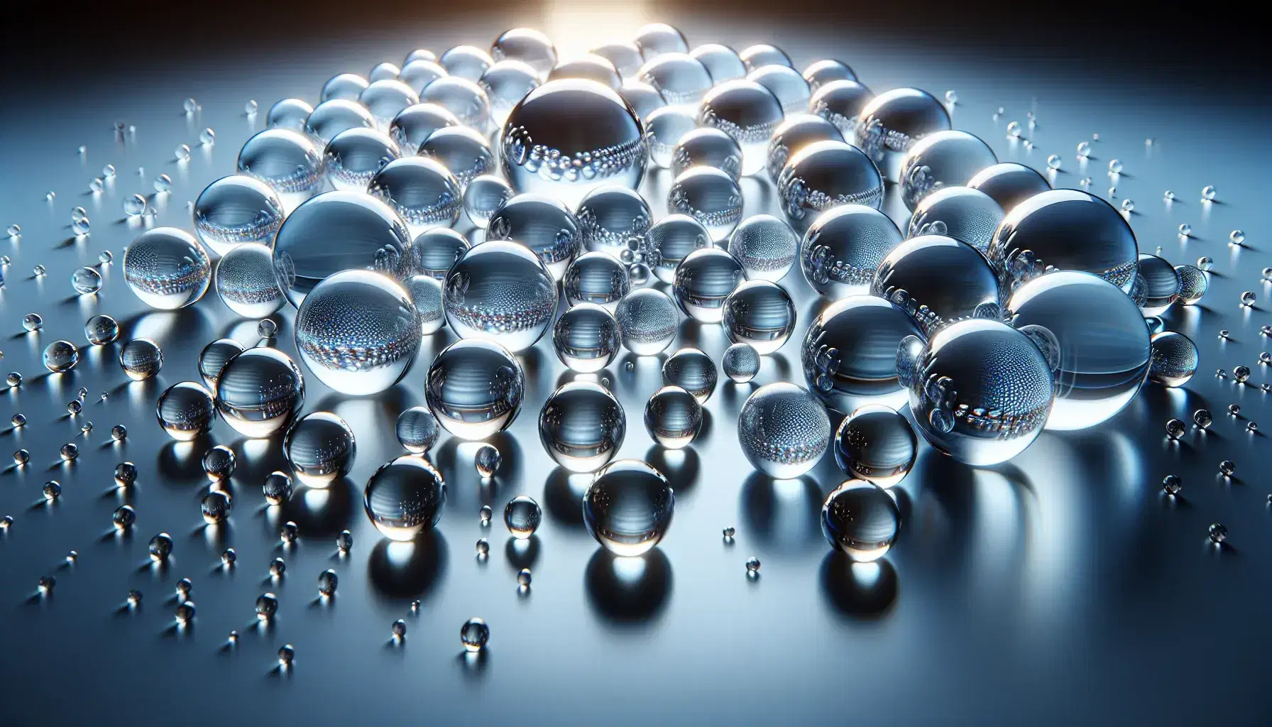 Esferas de vidrio transparentes de distintos tamaños sobre superficie reflectante con reflejos y sombras en tonos azules y blancos, enfocadas en el centro.