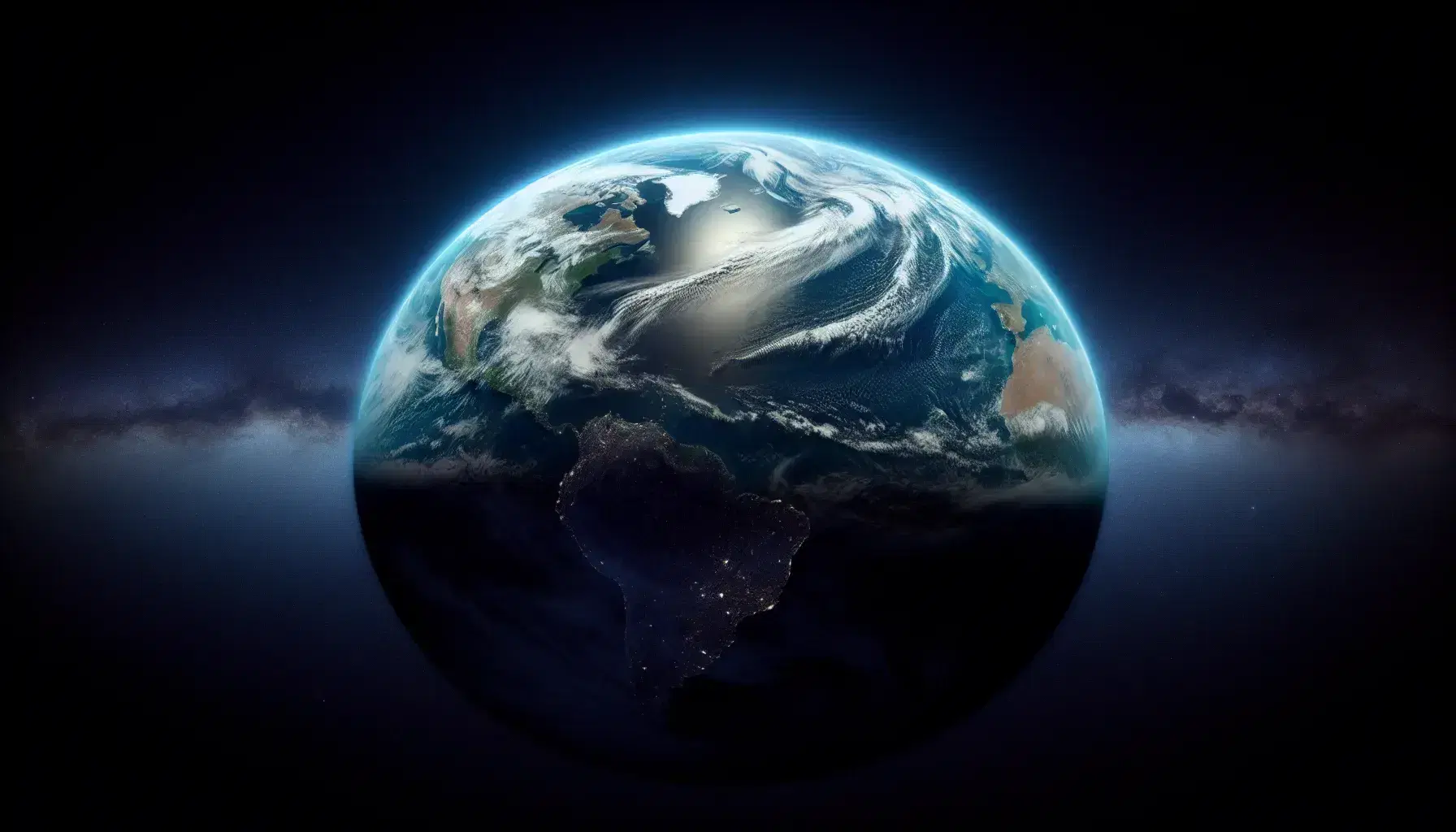 Vista panorámica de la Tierra desde el espacio con atmósfera azulada, superficie terrestre y sin nubes ni objetos artificiales.