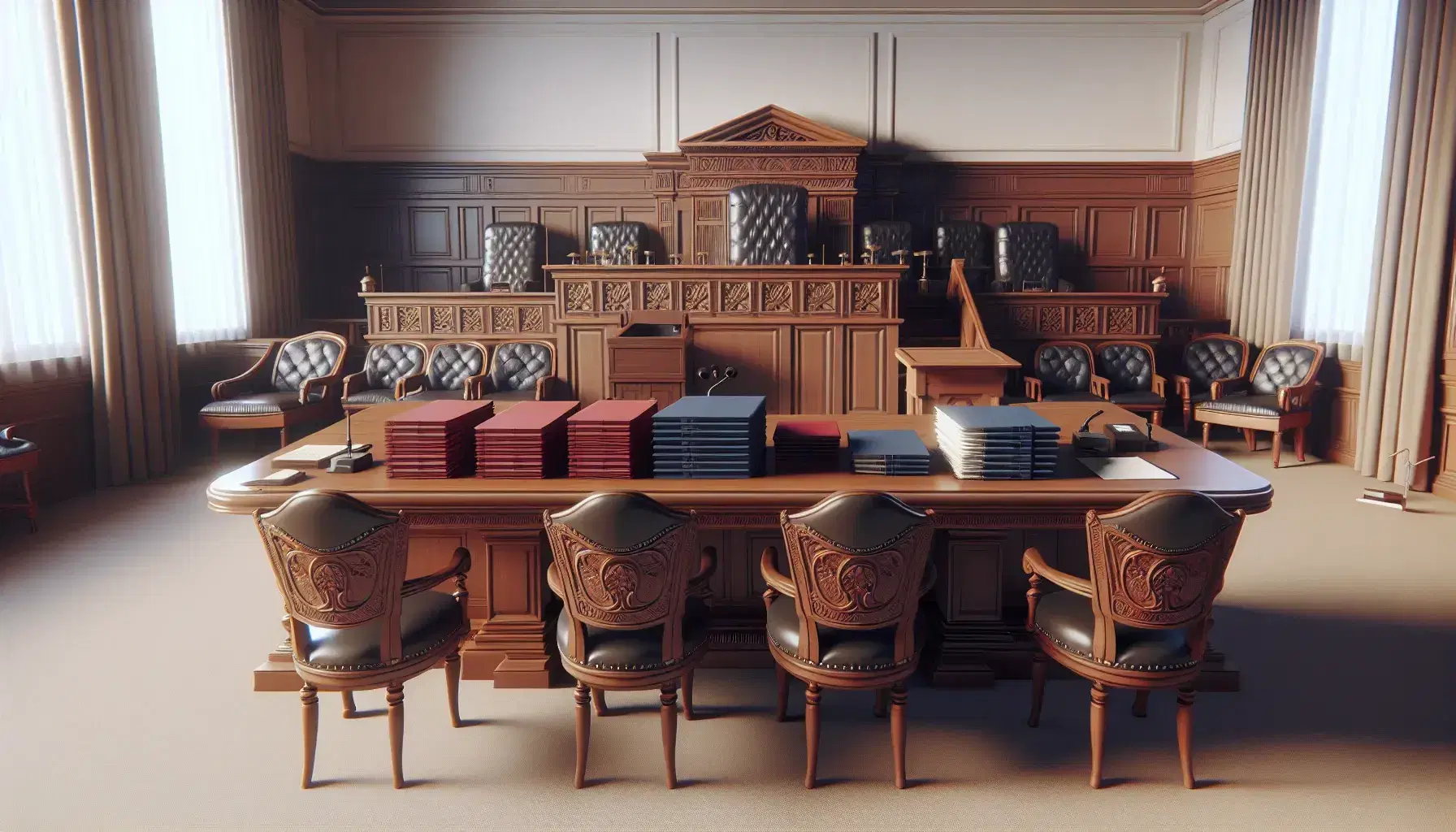 Escena de sala de juicio con mesa de madera oscura, sillas con cojines de cuero, estrado del juez y balanza de justicia en bronce.