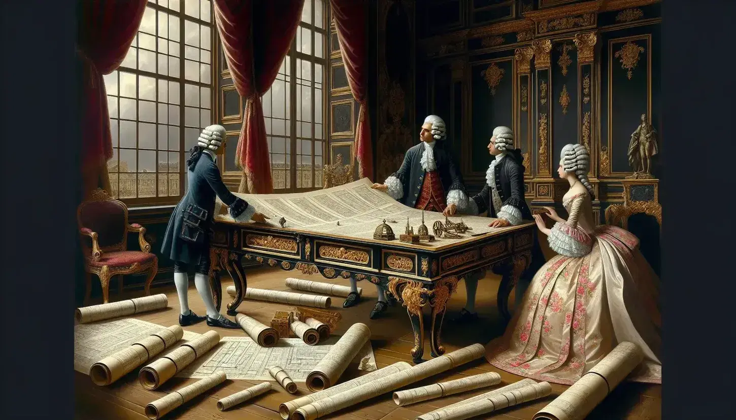 Scena settecentesca in palazzo reale con uomini in abiti d'epoca che studiano documenti su tavolo intarsiato e donna in abito floreale seduta.