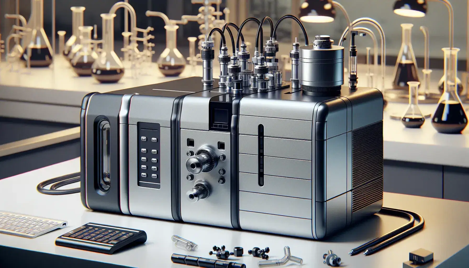 Modern mass spectrometer in laboratory with silver rectangular main body, black curved section and cylindrical vacuum chamber connected by tubes.