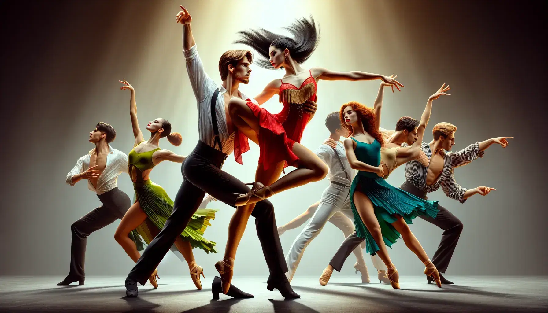 Grupo de bailarines en actuación, con pareja central en pose dinámica, hombre levantando a mujer con vestido rojo y dorado, rodeados de bailarines con trajes coloridos, en escenario iluminado con luces cálidas.