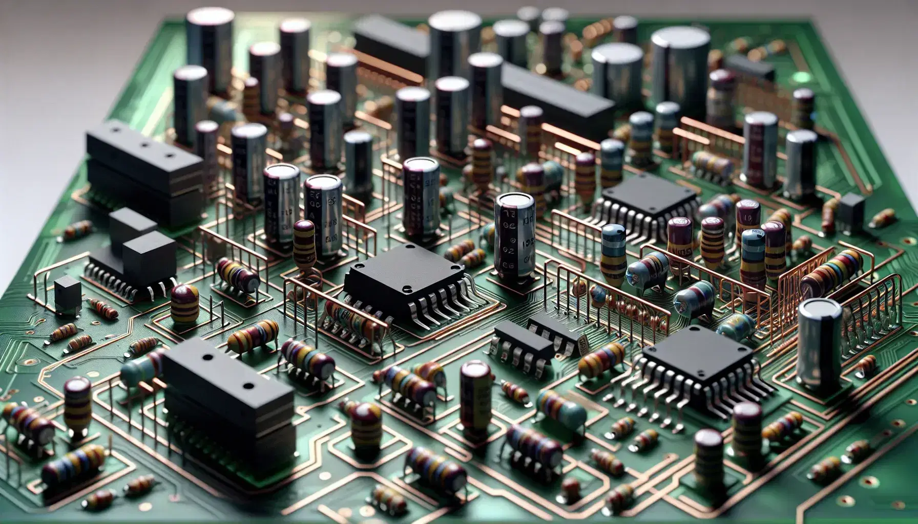Close-up of a modern electronic board with components such as resistors, capacitors, integrated circuits and transistors on a laboratory background.