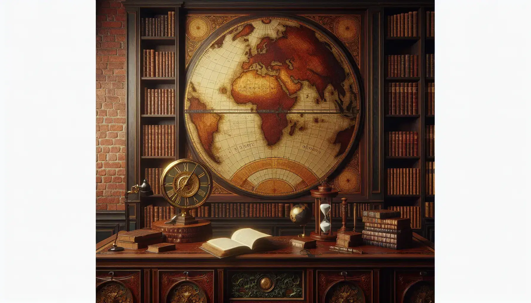 Biblioteca antica con mappa del mondo vintage su parete in mattoni, orologio in legno, libri rilegati e scrivania con sfera armillare e globo terrestre.