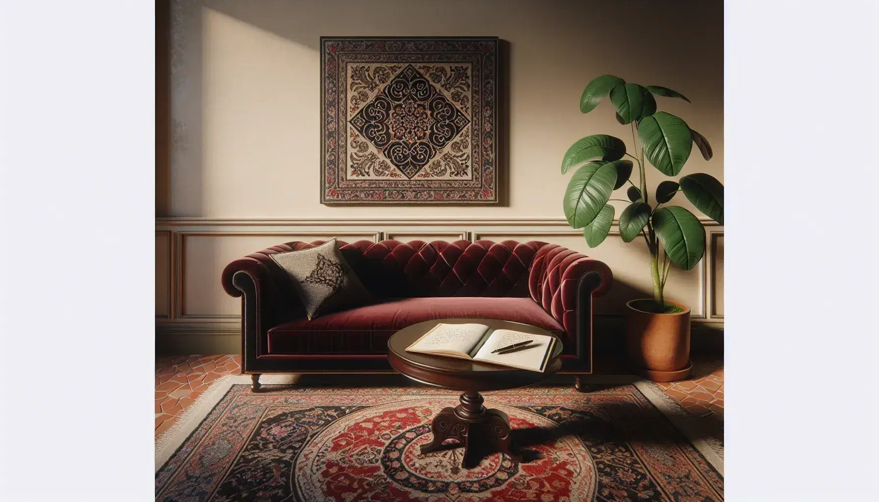 Divano elegante in velluto rosso scuro con cuscino geometrico, accanto a un tavolino con quaderno e penna, e pianta verde, su tappeto persiano.