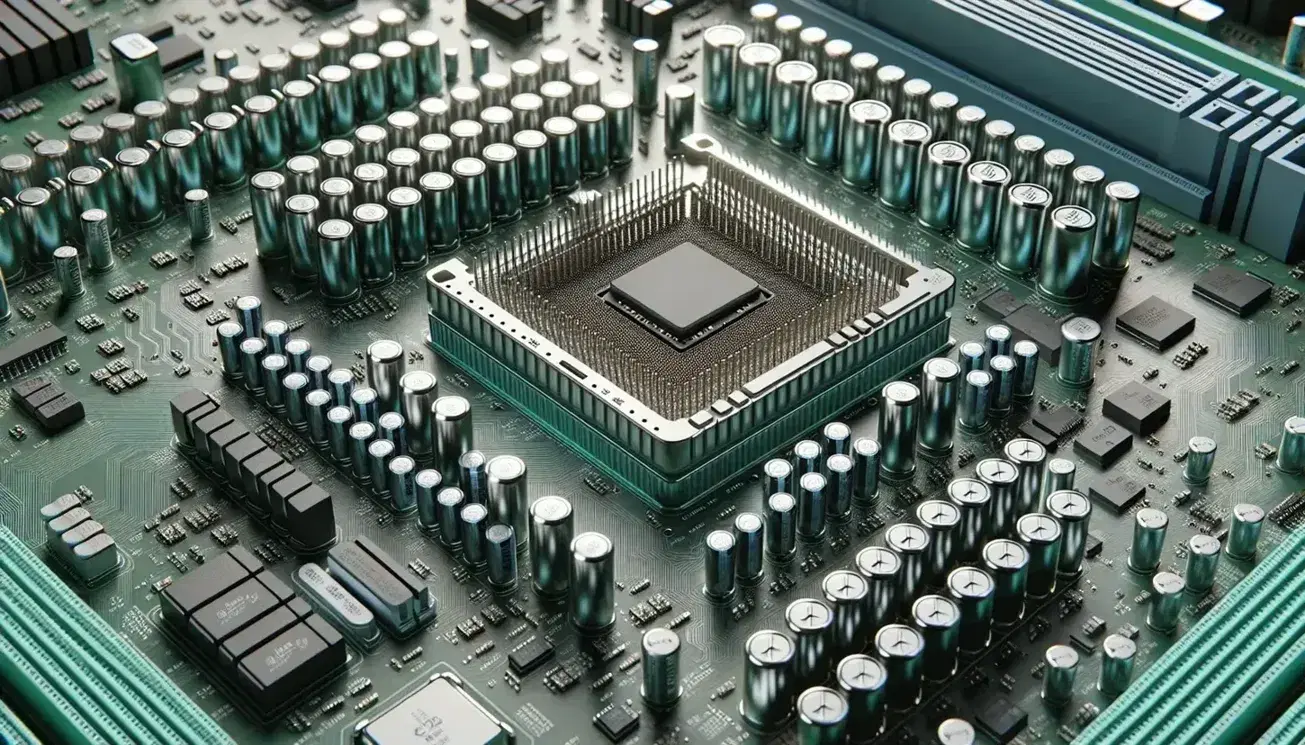 Close-up of a motherboard with empty CPU socket, parallel RAM slots and electronic components on green circuit board.