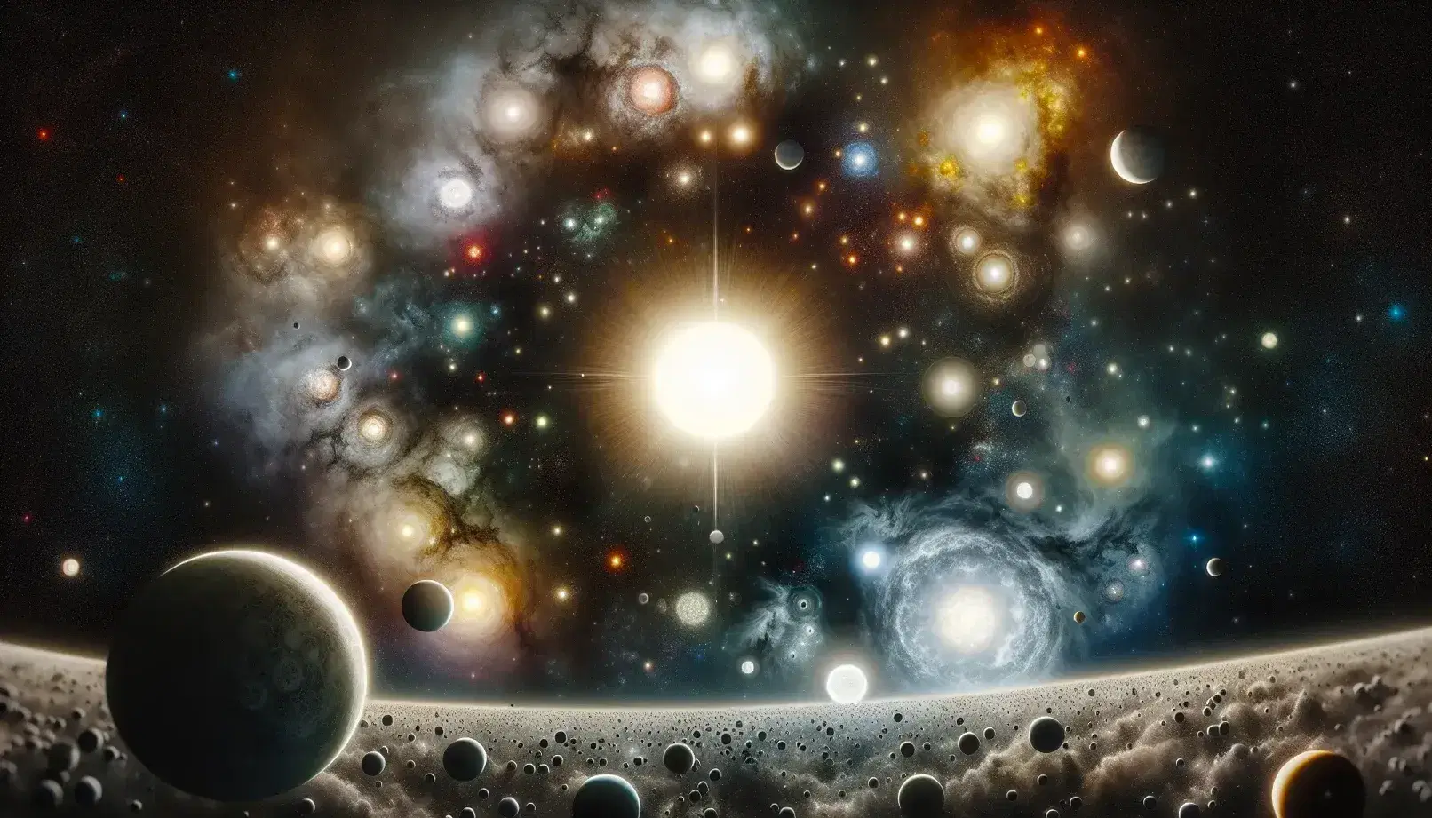 Vista panorámica del espacio con estrellas de distintos tamaños y colores, un sistema solar en miniatura y un planeta con satélite.