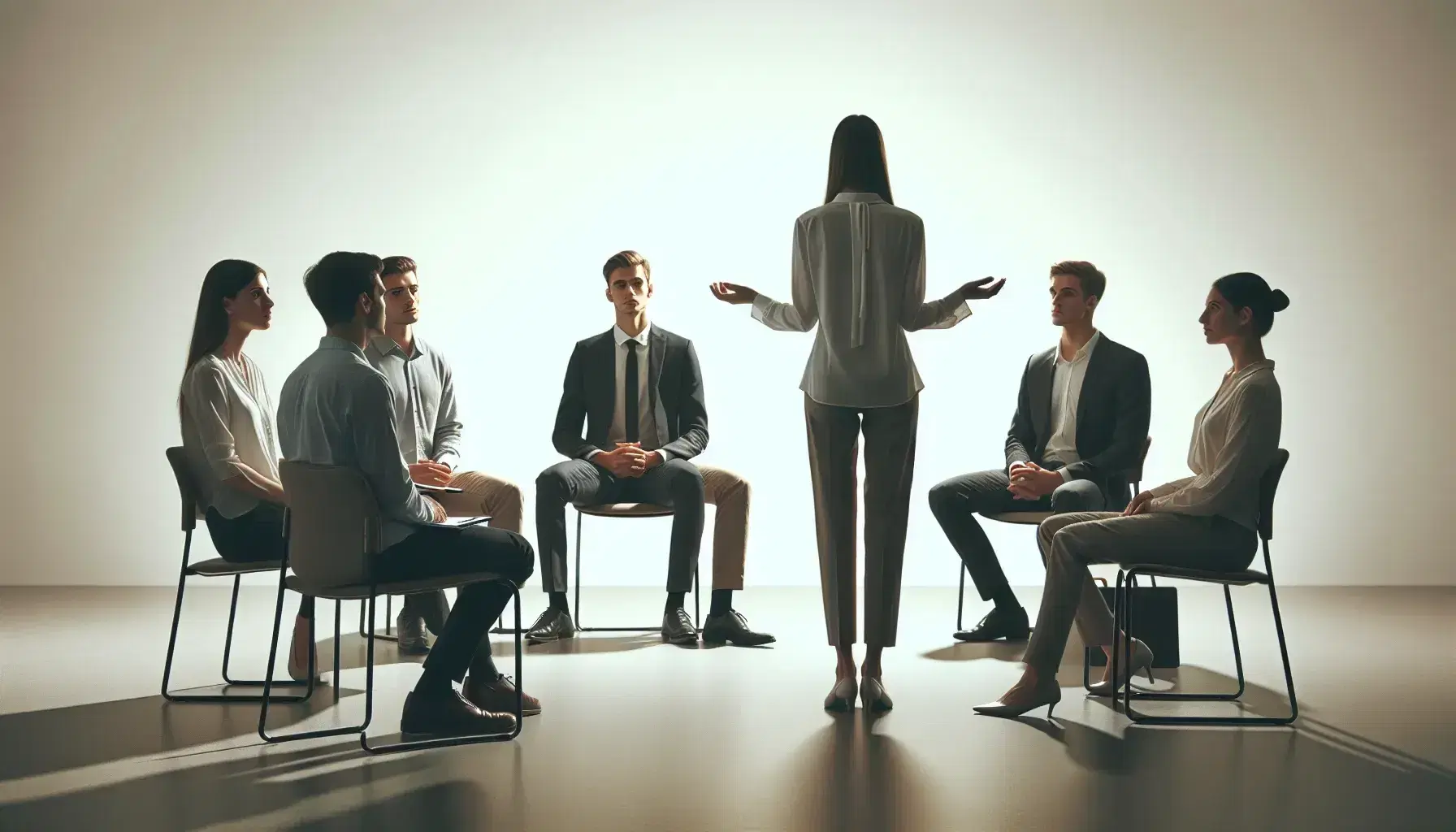Grupo de cinco profesionales en reunión de oficina, con una persona de pie liderando la conversación y cuatro sentados en semicírculo escuchando atentamente.