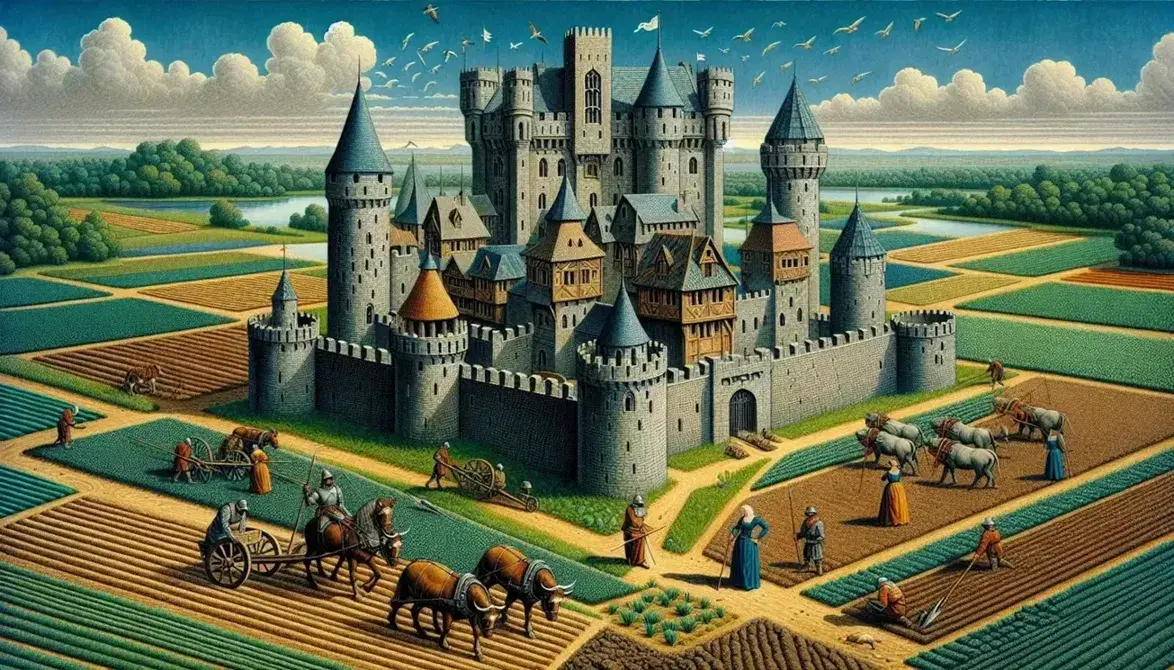 Castello medievale con torri e ponte levatoio, contadini al lavoro nei campi, cavaliere in armatura a cavallo e montagne innevate sullo sfondo.