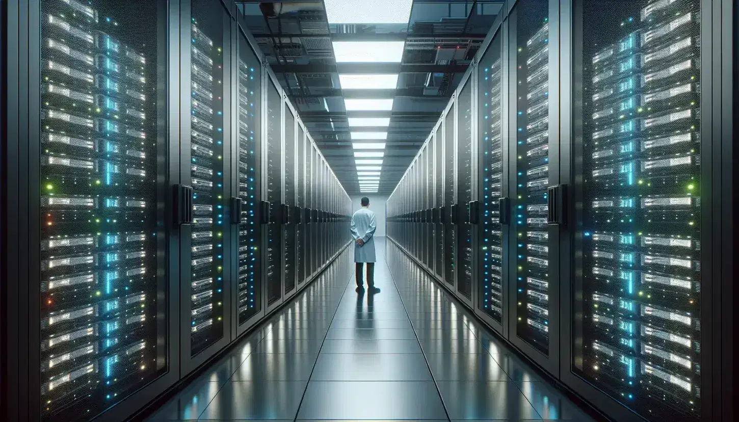 Modern data center with rows of servers and LED lights, person in white coat observes the drives, advanced technological environment and soft lighting.