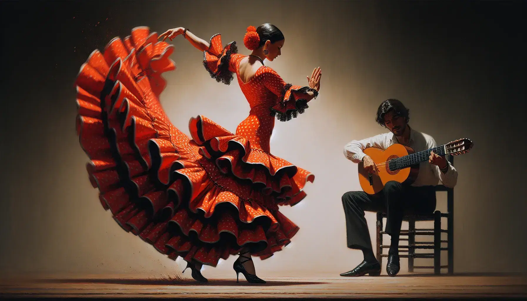 Flamenco dancer in red ruffled dress mid-twirl with guitarist and clapping singer in traditional Spanish scene, evoking vibrant cultural performance.