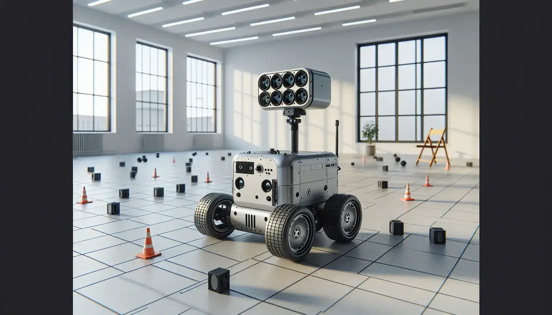 Robot mobile grigio metallizzato con sensori lidar in sala test navigazione tra coni arancioni, sedia di legno e pianta verde.