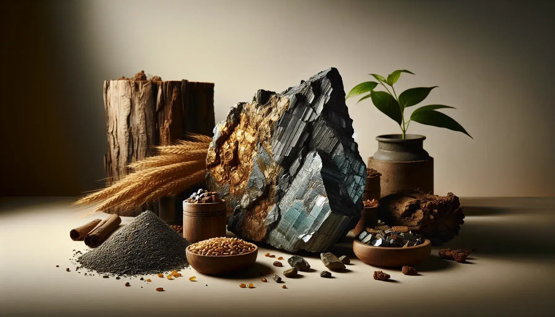 Materiali naturali grezzi su sfondo neutro: minerale con venature blu-metalliche, chicchi dorati simili a cereali, tronco d'albero e terra umida.
