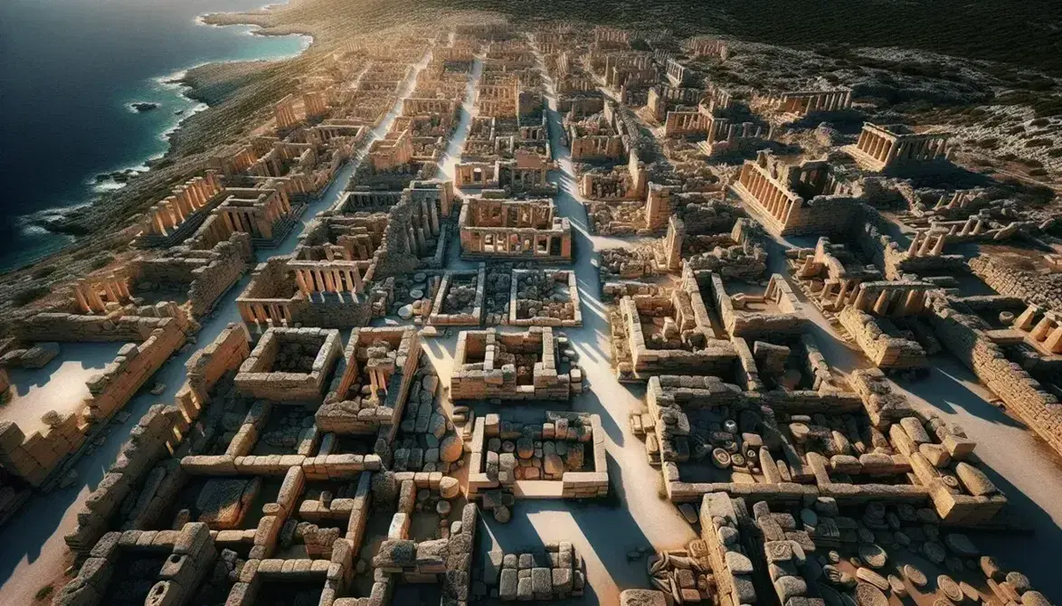 Veduta aerea di rovine greche dell'VIII secolo a.C. con basi di edifici e colonne frantumate, vicino al mare sotto un cielo sereno.