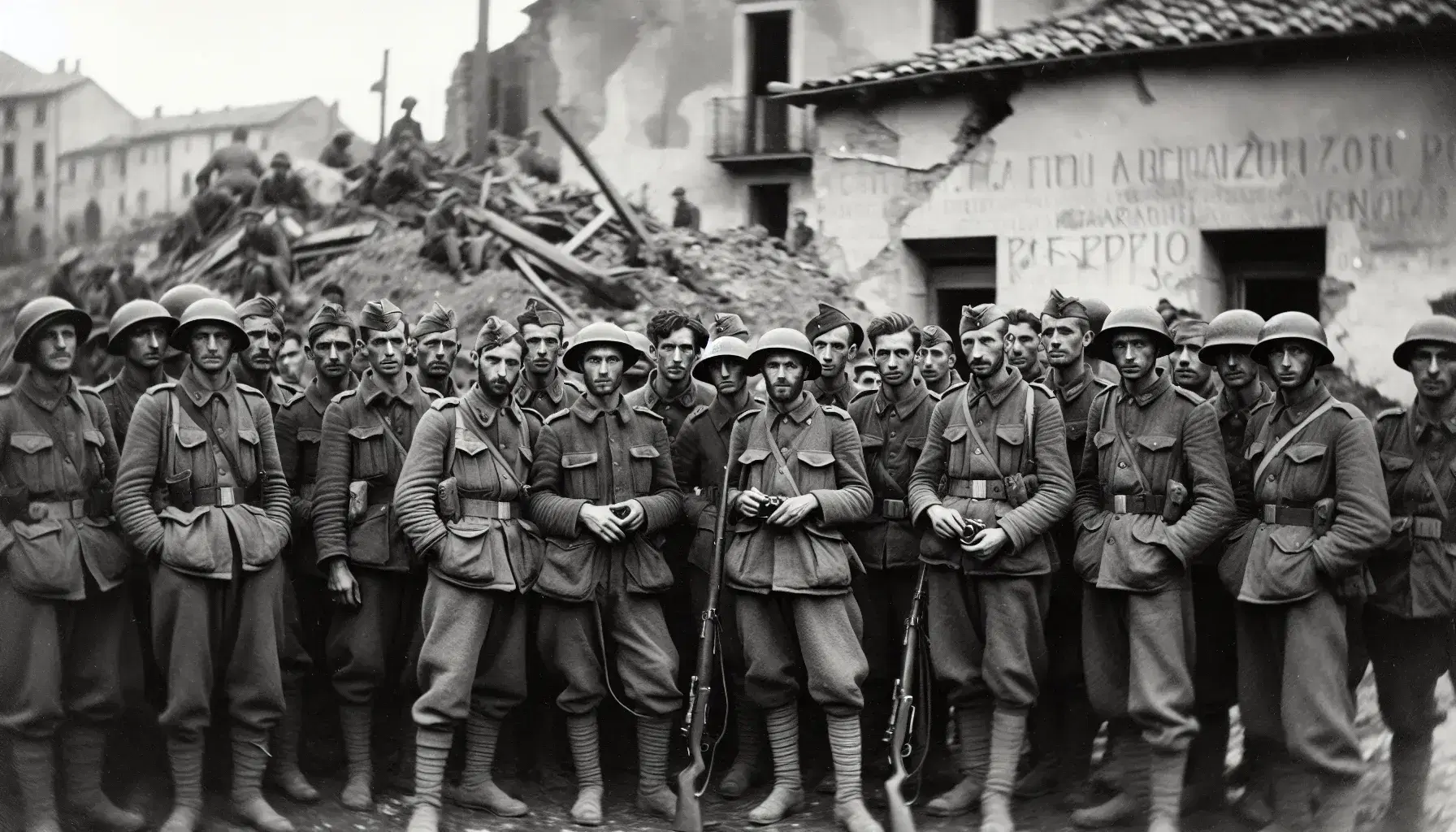 Soldati italiani in uniforme d'epoca post-Prima Guerra Mondiale, con espressioni serie e sfondo di edifici danneggiati.