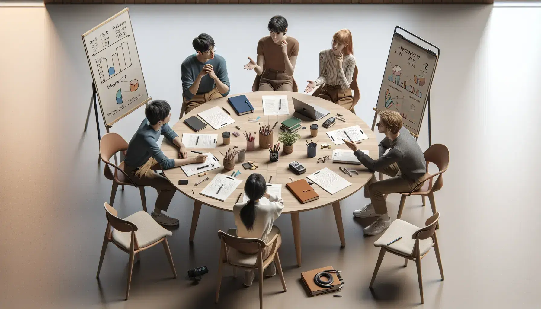 Grupo de cinco personas en reunión de trabajo alrededor de una mesa redonda con papeles, cuadernos y un grabador, discutiendo activamente en una sala iluminada con pizarra al fondo.
