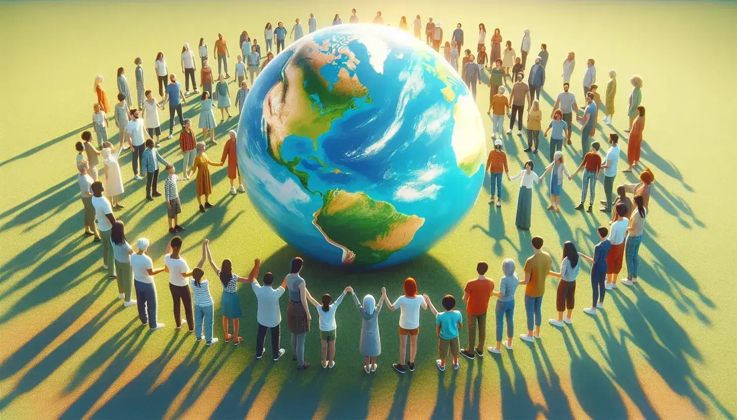 Grupo diverso de personas sosteniendo un globo terráqueo en un día soleado al aire libre, simbolizando unidad y cuidado del planeta.