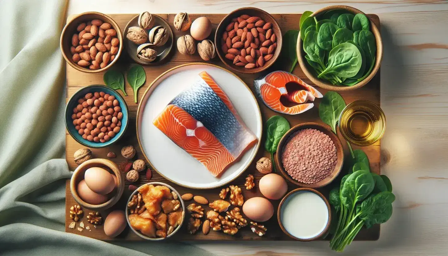 Plato de salmón cocido en el centro, nueces marrones, espinacas frescas, huevo, pollo asado, lentejas y vaso de leche sobre superficie de madera.