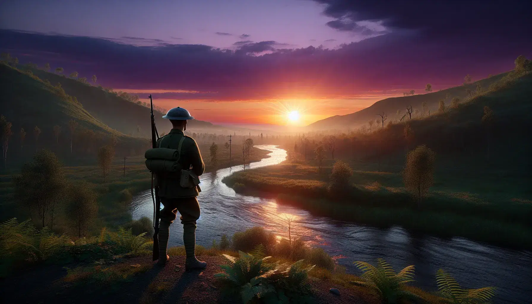 Soldato della Prima Guerra Mondiale in silhouette contempla il tramonto con cielo arancio-viola e fiume serpeggiante tra alberi verdi.