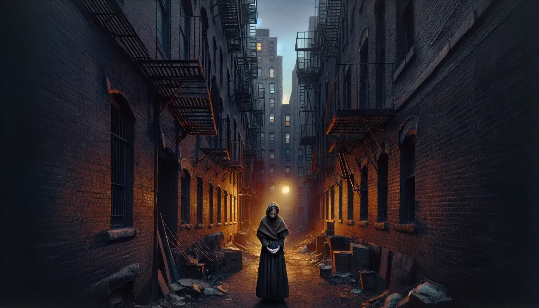 Dimly lit urban alley at dusk with aged brick buildings, a young woman in modest attire, and a thin stray dog near scattered trash.