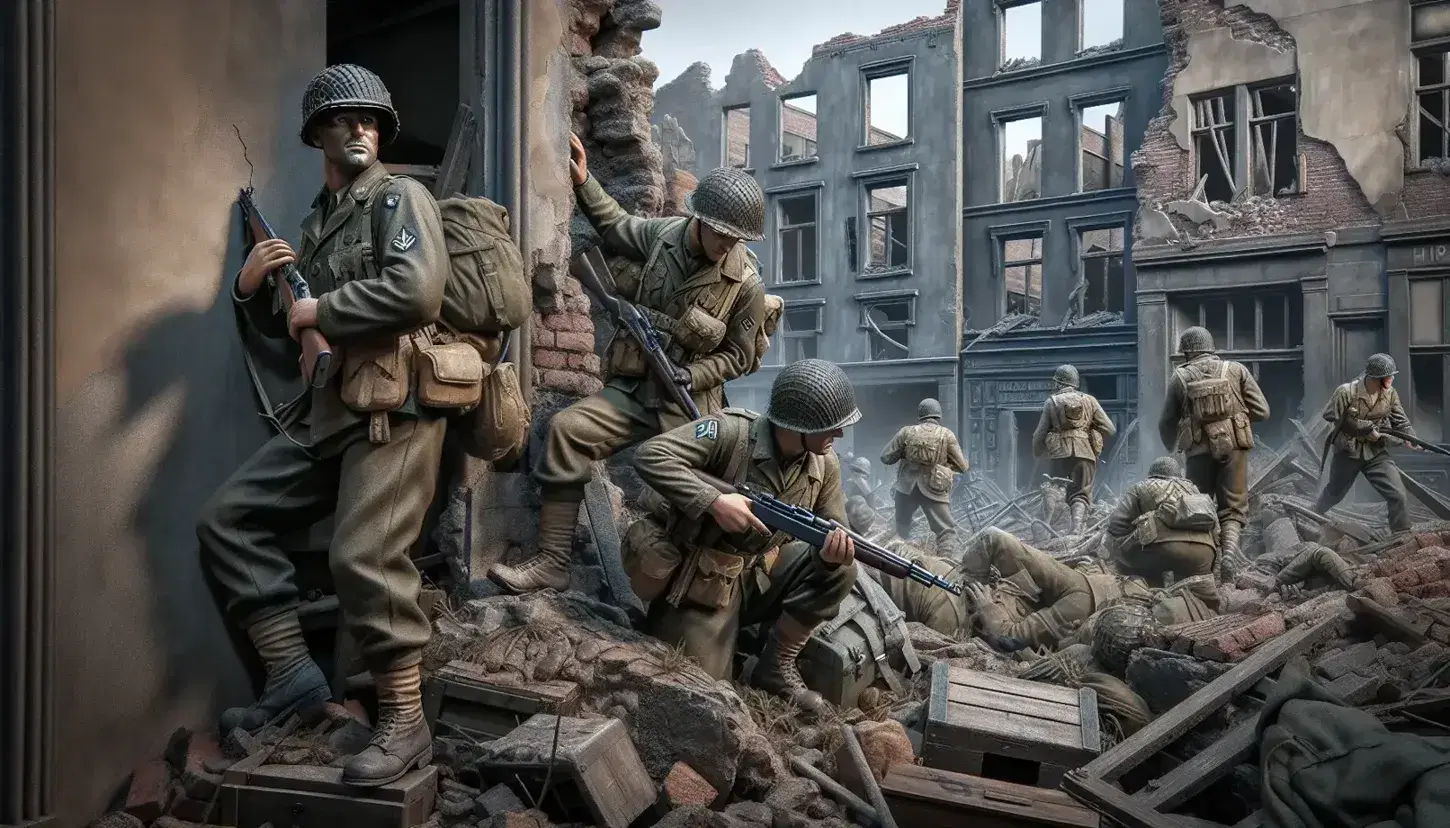 Allied soldiers advance through the rubble of a European city destroyed in World War II, alert and ready for combat.
