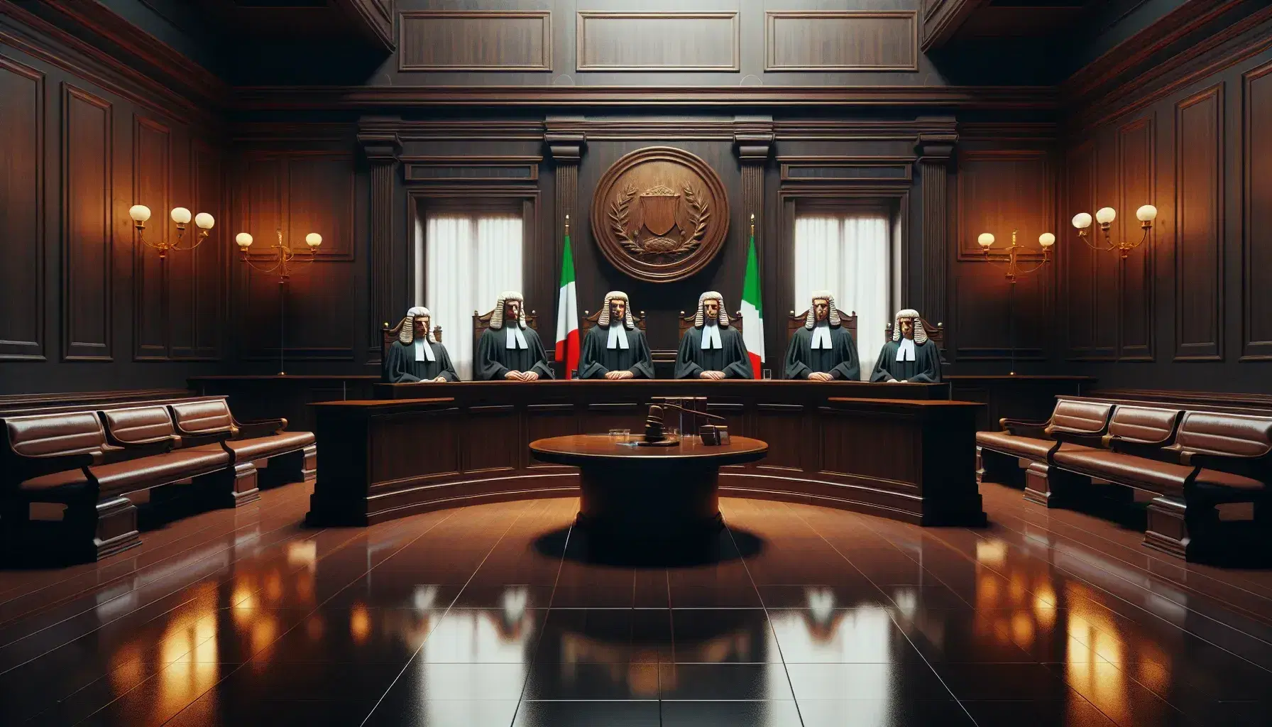 Aula di tribunale italiana con pareti in legno scuro, banco semicircolare e tre giudici in toga e parrucca, bandiera italiana a sinistra e finestra chiusa a destra.