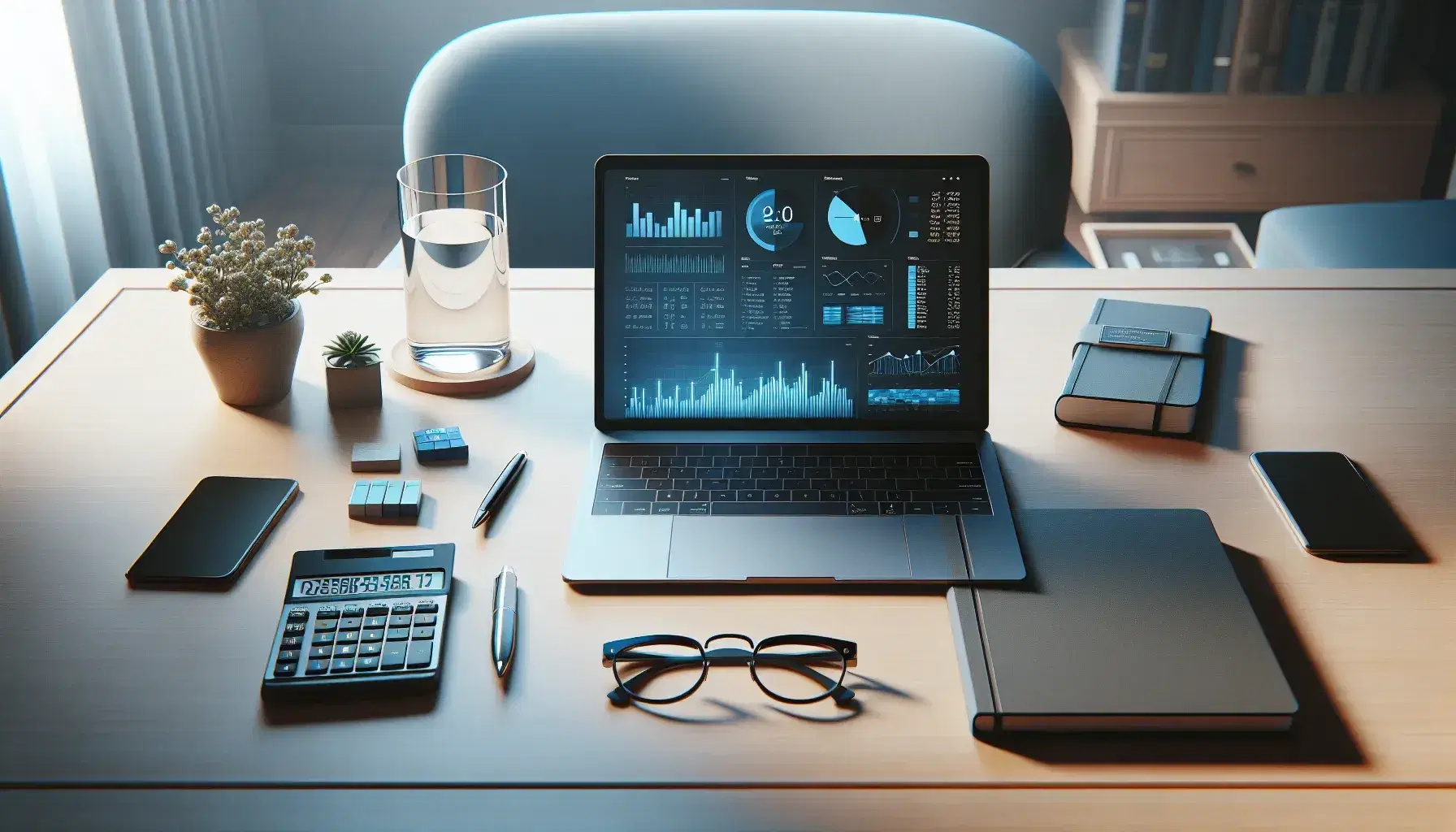 Escritorio de oficina con portátil abierto mostrando gráficos, calculadora científica, cuaderno azul, gafas y planta verde.