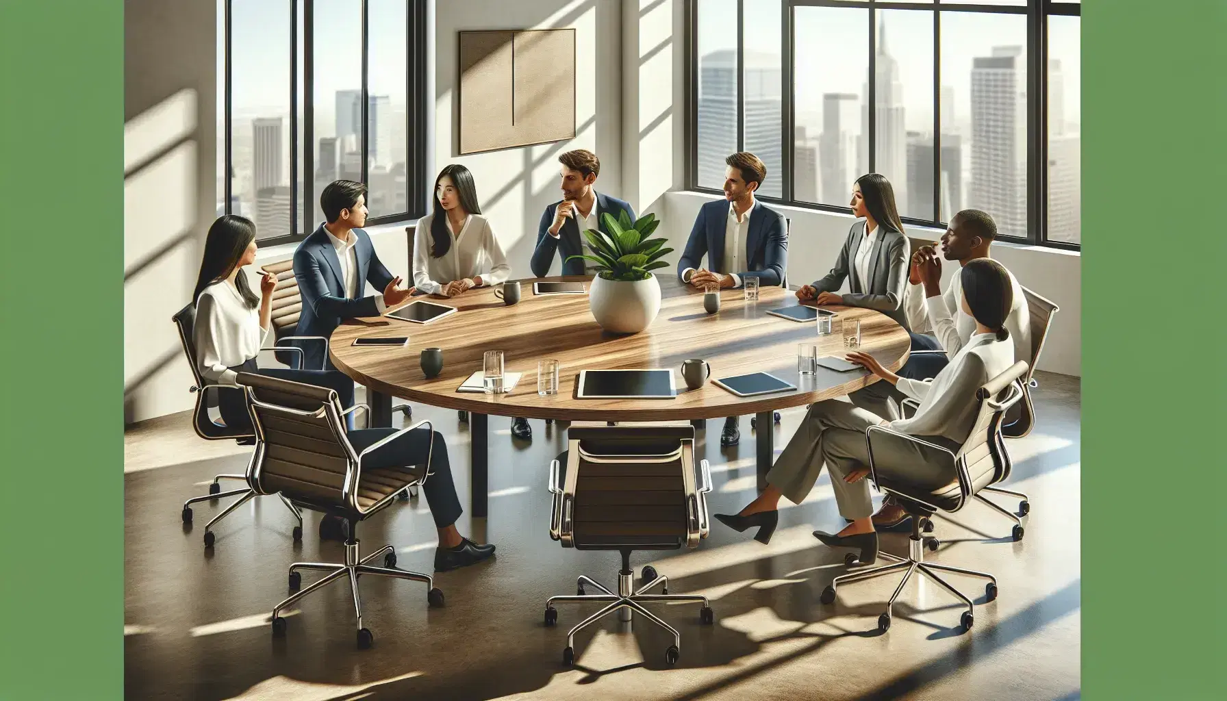 Multicultural team collaborates around a polished oak conference table with ergonomic chairs, digital devices, and a central green plant in a sunlit, modern office.