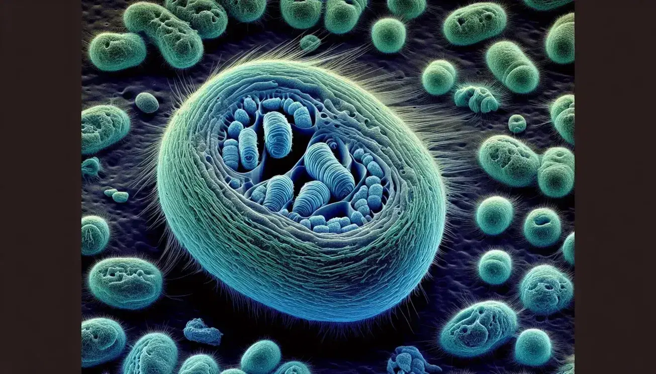 Microfotografia elettronica a colori di una cellula eucariotica in anafase mitotica con cromosomi blu e citoplasma verde chiaro.