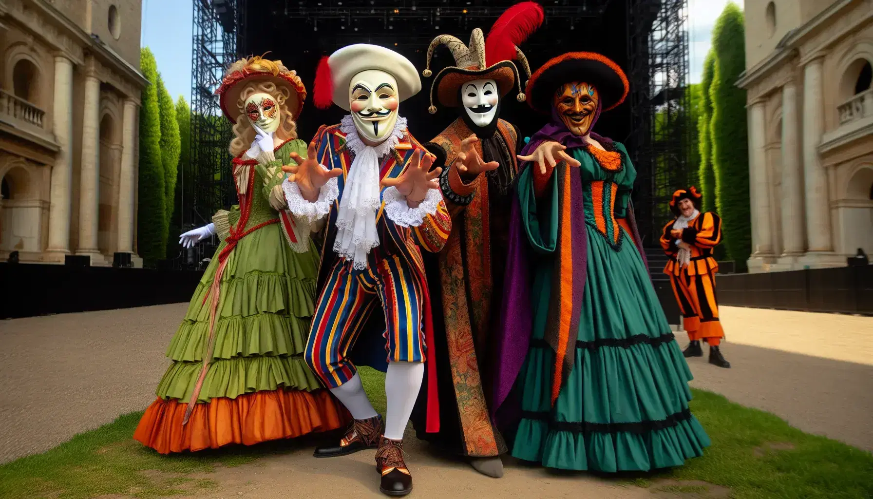 Attori in costume su palcoscenico esterno impersonano Pulcinella, Colombina e Arlecchino della Commedia dell'Arte, con scenografia veneziana.
