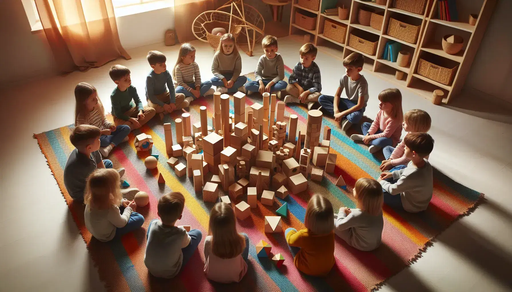 Niños concentrados jugando con bloques de madera geométricos en un aula iluminada naturalmente, sentados en alfombra colorida, con estantería de libros al fondo.
