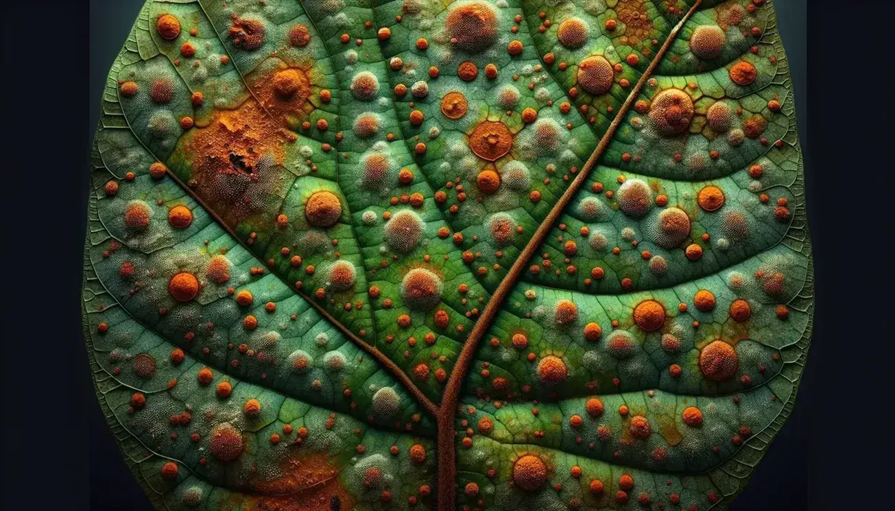 Close-up of a leaf with rust fungi pustules in shades of orange and red, showing spore release on a green to yellow gradient background.