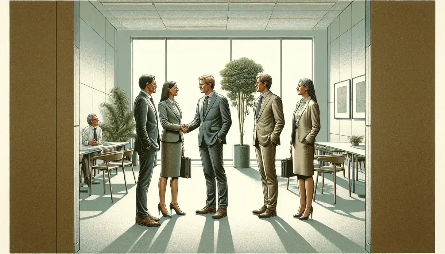 Cuatro profesionales en oficina realizan acuerdo con apretón de manos, dos observan sonrientes, ambiente colaborativo con luz natural y planta.