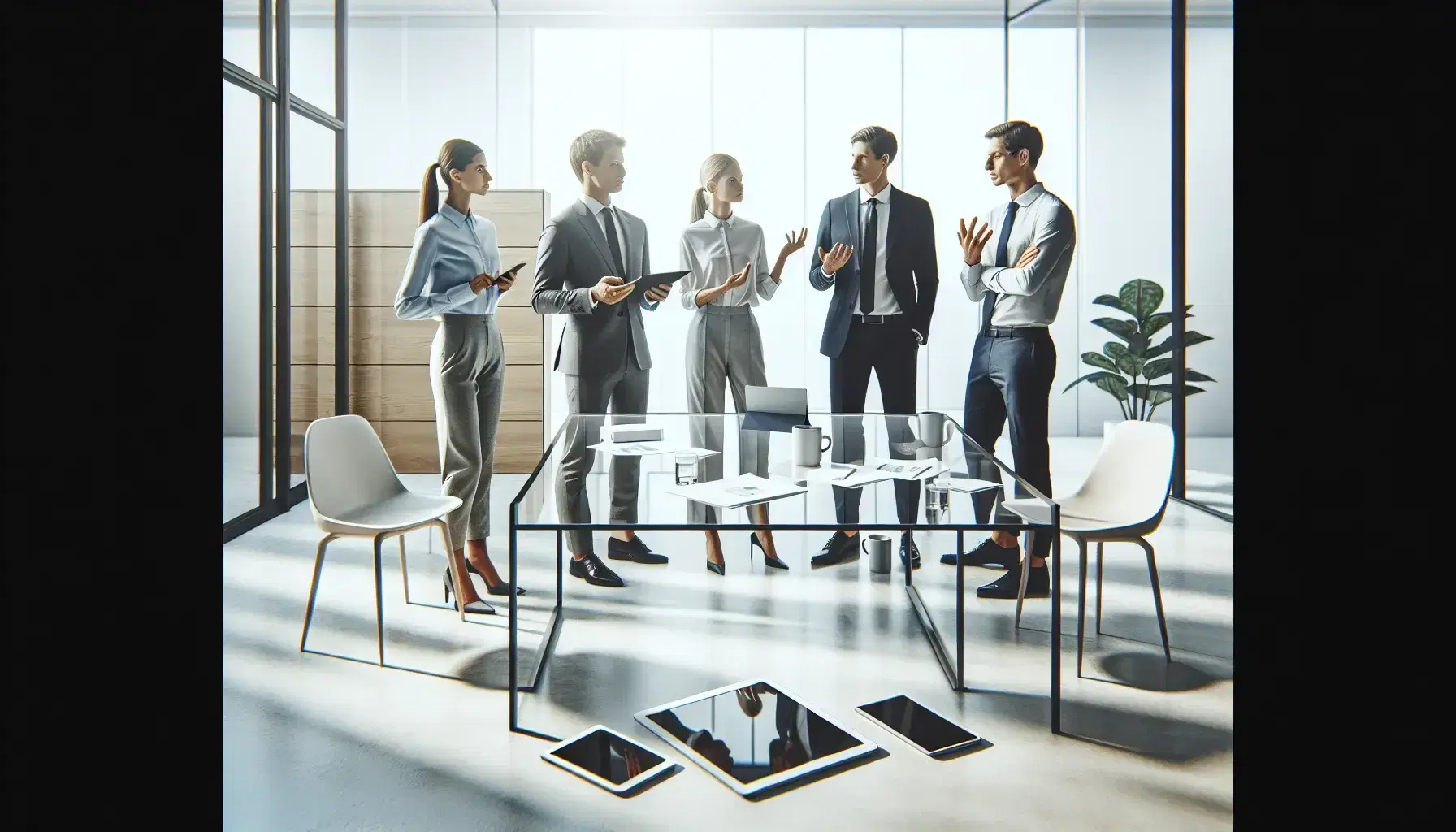 Grupo de cinco profesionales en oficina moderna discutiendo alrededor de una mesa de vidrio con dispositivos electrónicos y tazas de café.
