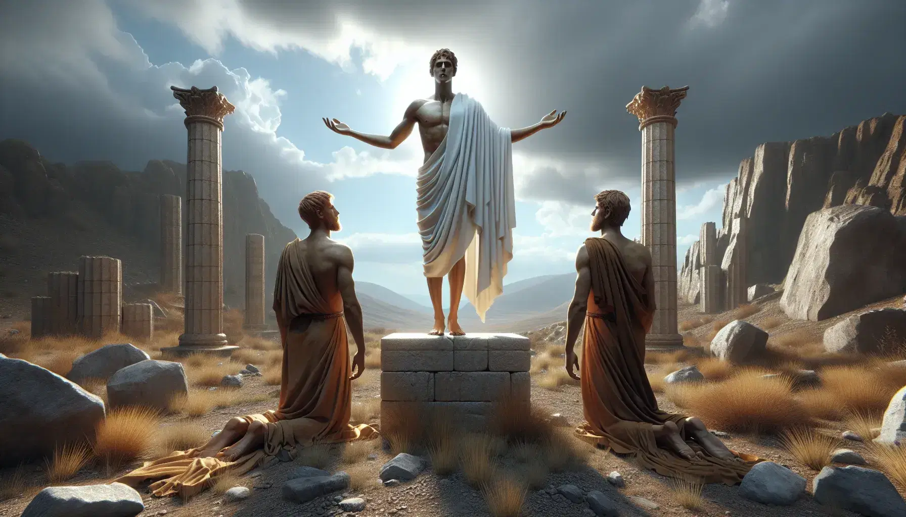 Escena antigua con tres figuras humanas, una central de pie en pedestal y dos arrodilladas a los lados, entre ruinas y bajo un cielo nublado al atardecer.