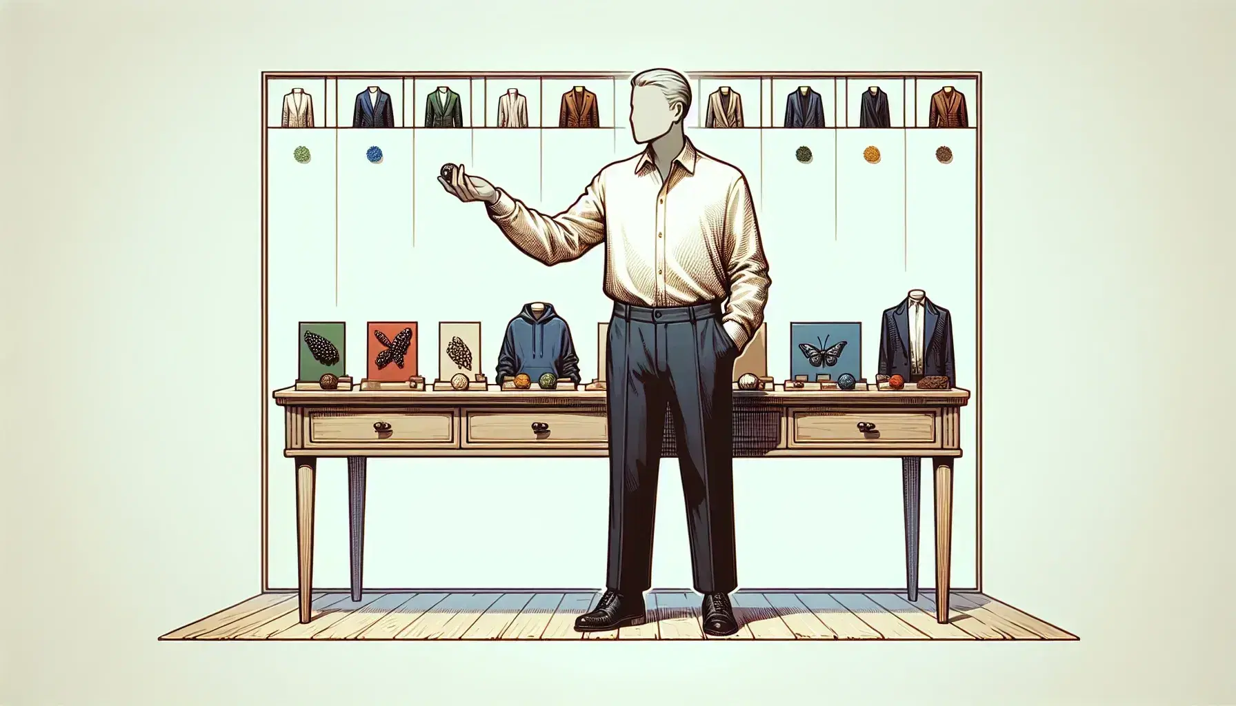 Vendedor en ropa formal presentando un producto con la mano derecha y gesto explicativo frente a mesa con objetos variados y coloridos.
