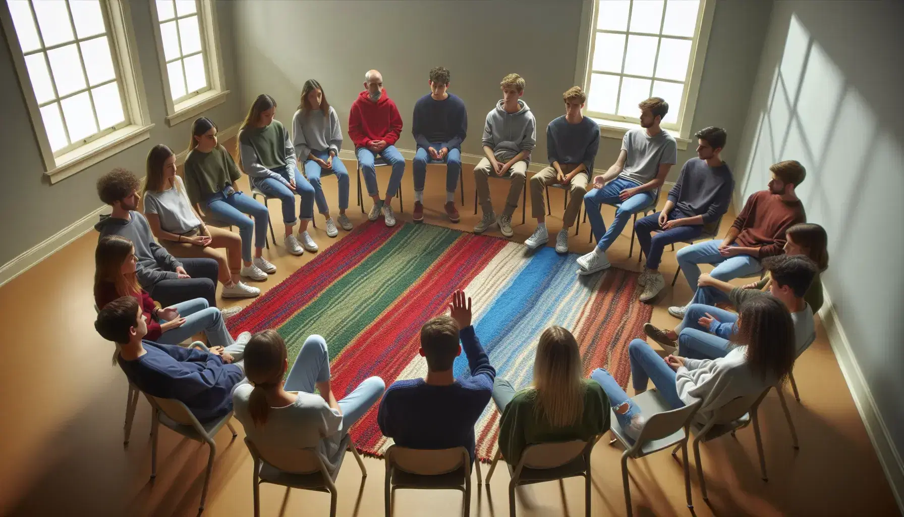 Gruppo di adolescenti seduti in cerchio con adulto facilitatore in ambiente accogliente, discutono attivamente in sessione di supporto psicologico.