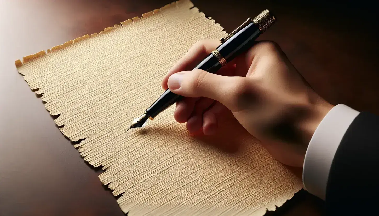 Mano caucasica che tiene una penna stilografica nera con dettagli dorati sopra un foglio di papiro beige su tavolo scuro.