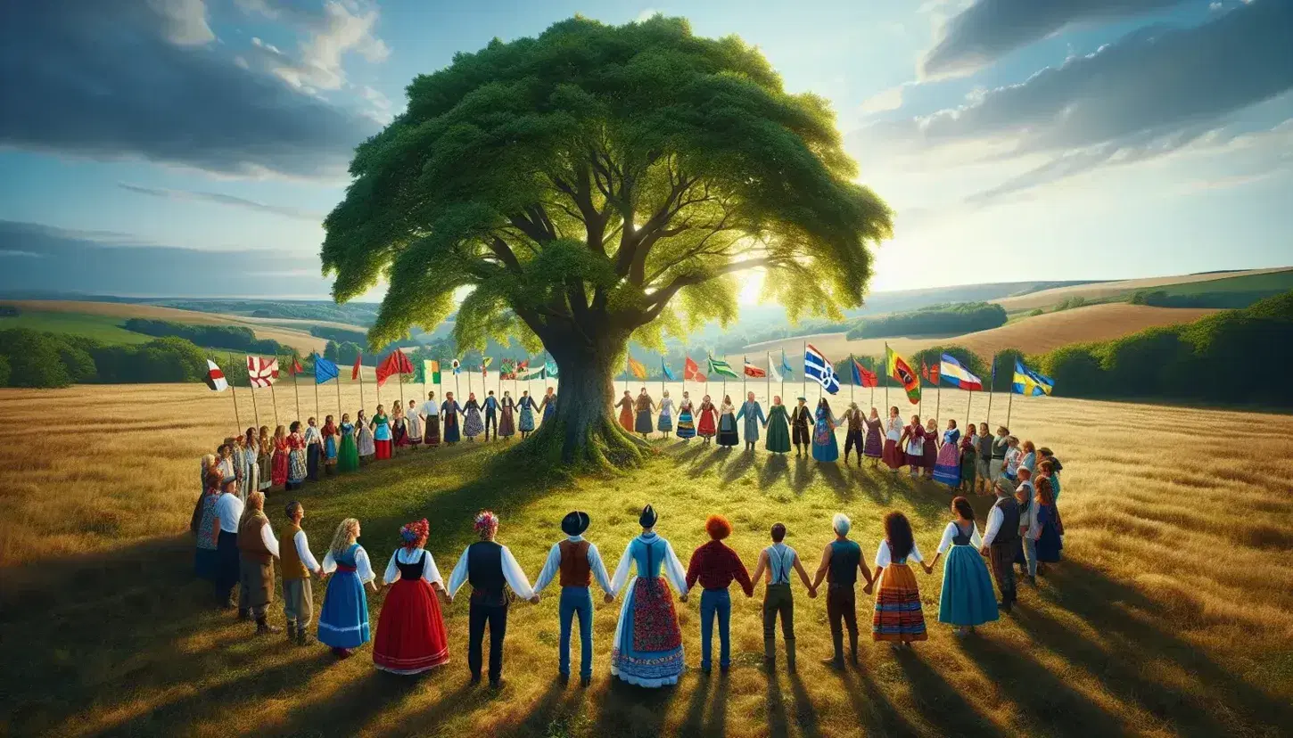 Diverse group holding hands in a circle around a tree in a field, wearing traditional and modern clothes under a clear sky, symbolizing unity.