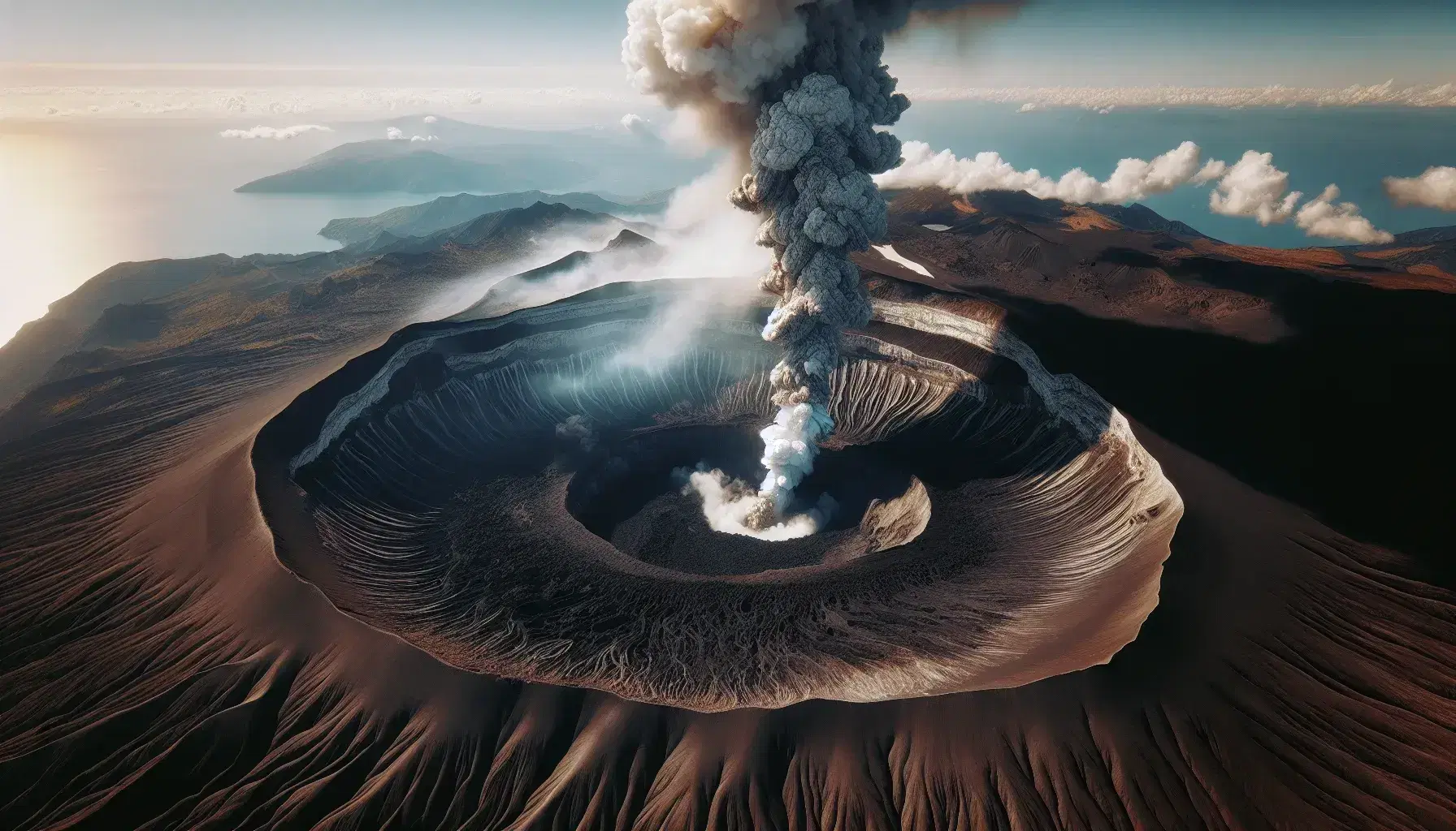 Eruzione tranquilla dell'Etna vista dall'alto con colonna di fumo che si eleva dal cratere su sfondo di cielo azzurro.