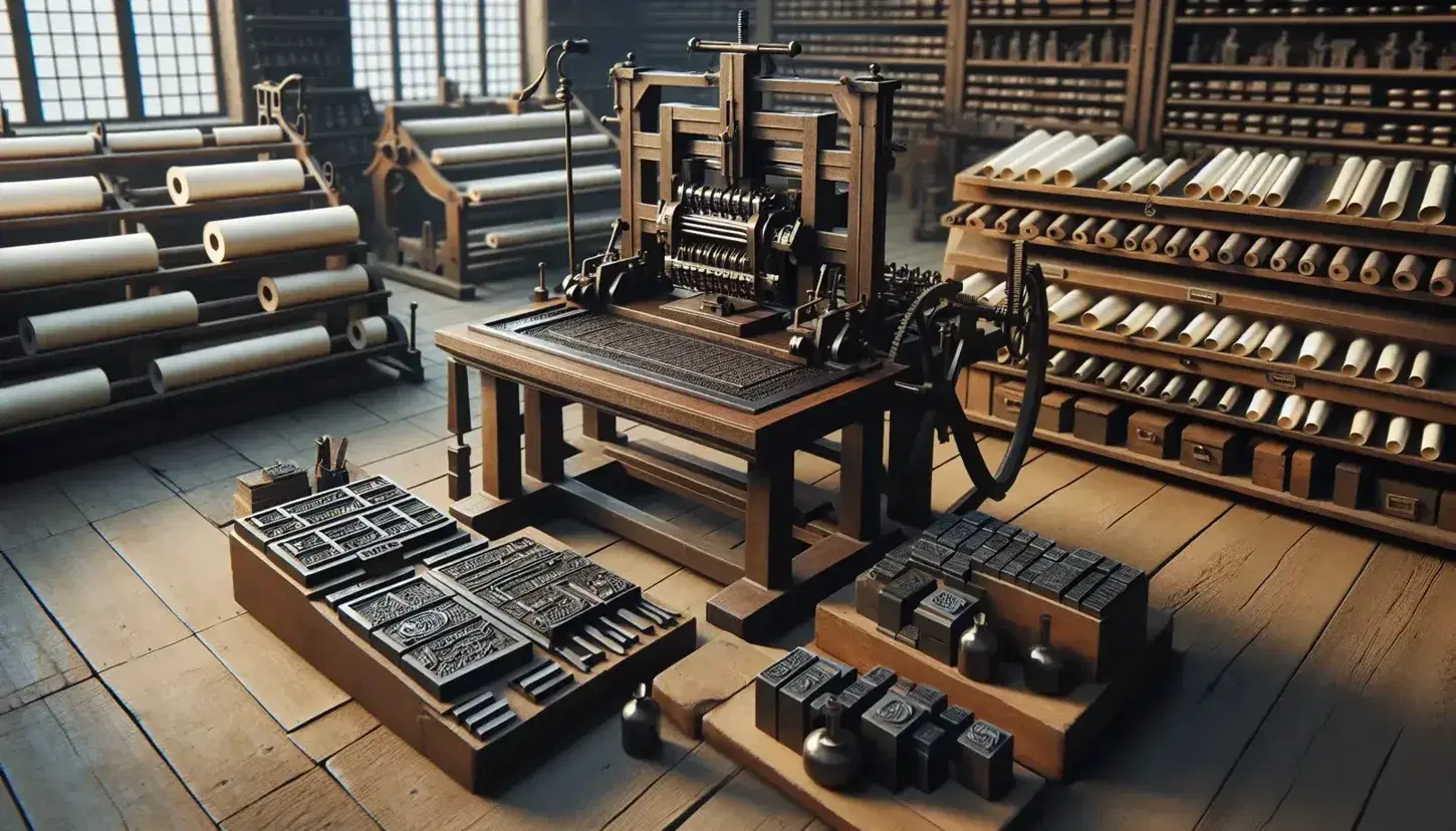 Réplica detallada de la prensa de impresión de Johannes Gutenberg en un taller antiguo con mesa de tipos metálicos y estantes con papel y tinta.