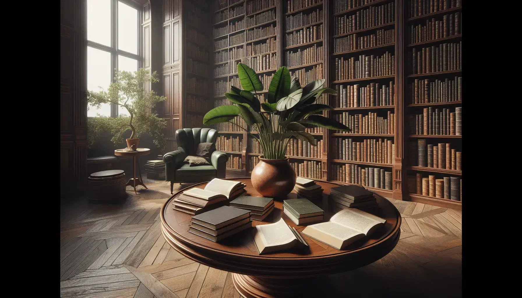 Peaceful library with round wooden table and open books, green armchair, potted plant and shelves full of books in earth tones.
