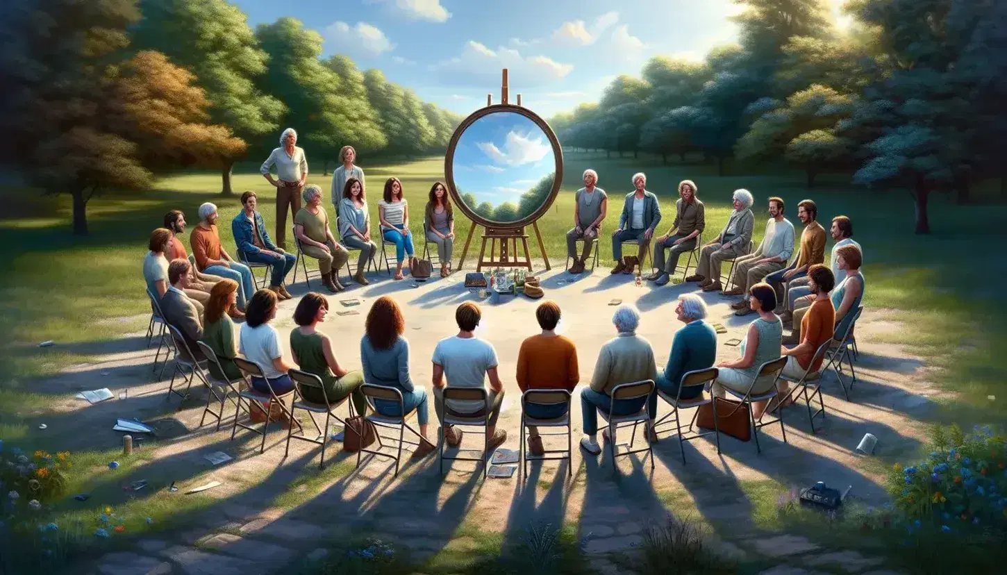 Gruppo multietnico seduto in cerchio all'aperto con specchio centrale che riflette cielo e alberi, esprimendo varie emozioni.