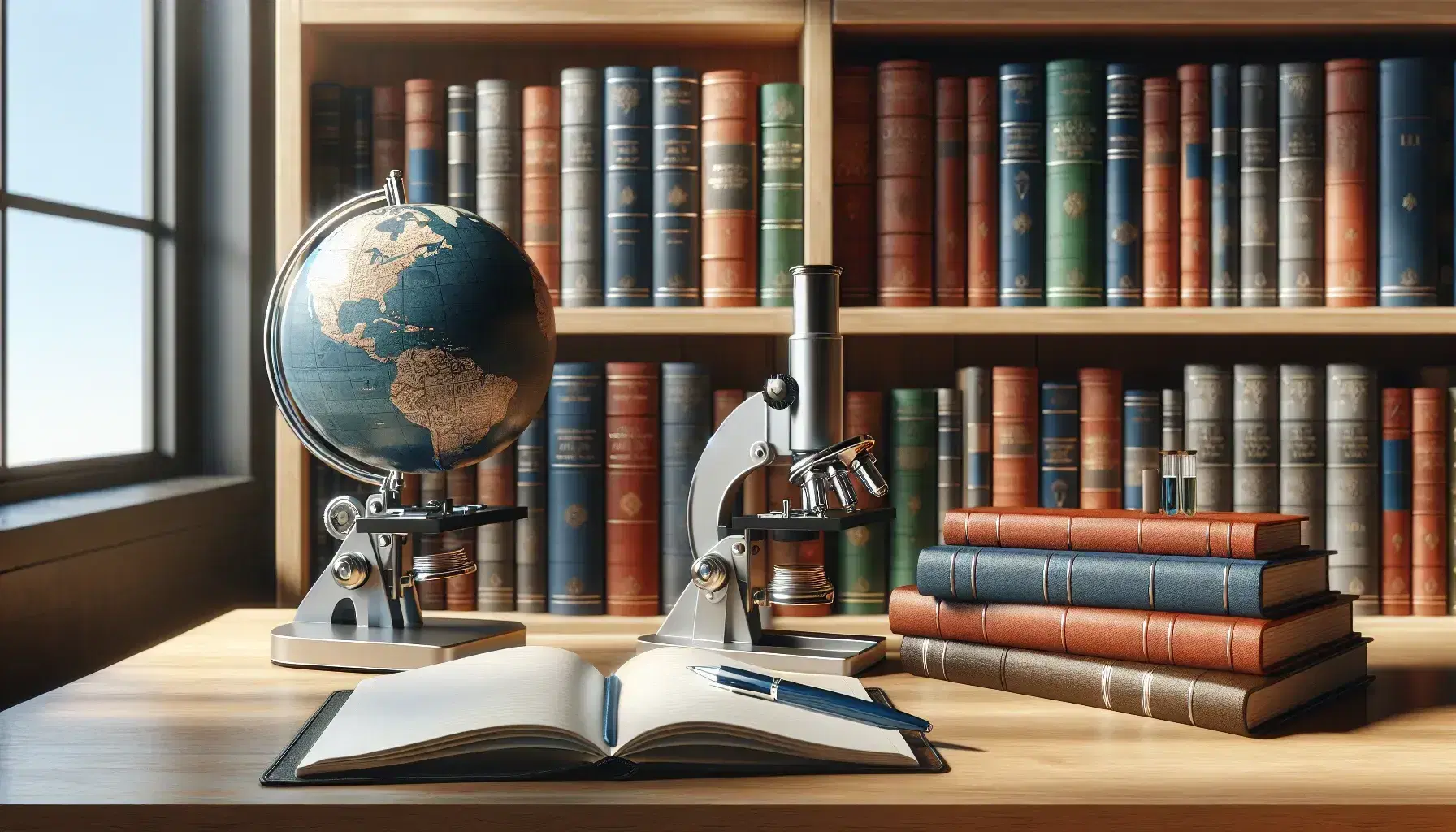 Estantería de madera repleta de libros de tapa dura junto a una mesa con microscopio metálico, cuaderno abierto, pluma y globo terráqueo, en un espacio iluminado naturalmente.