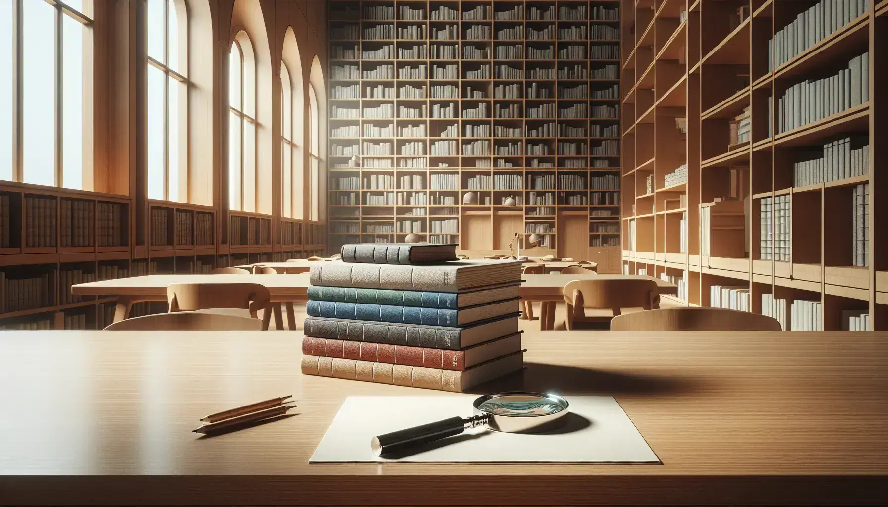 Mesa de madera con libros apilados y lupa sobre papel en biblioteca tranquila, estantería llena de libros al fondo y luz natural entrando por ventana.