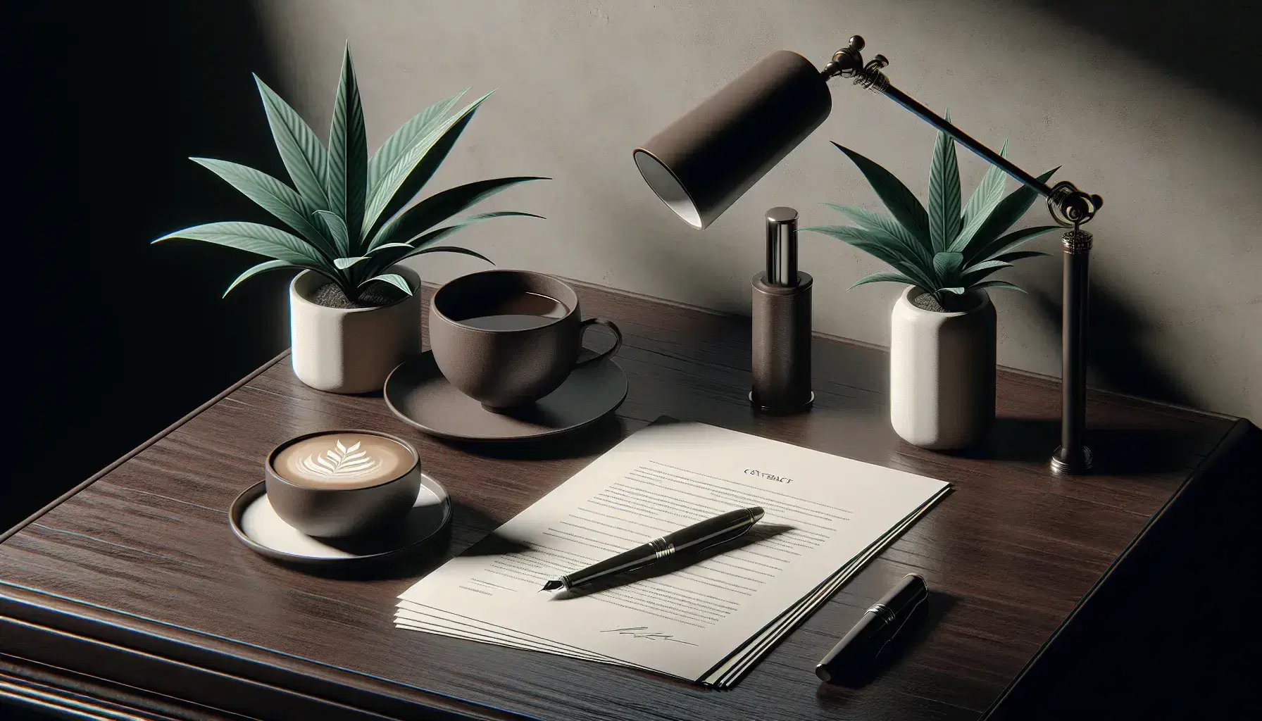 Scrivania in legno scuro con fogli bianchi, penna stilografica nera, tazza di caffè e pianta verde in vaso grigio, lampada con paralume beige sullo sfondo.