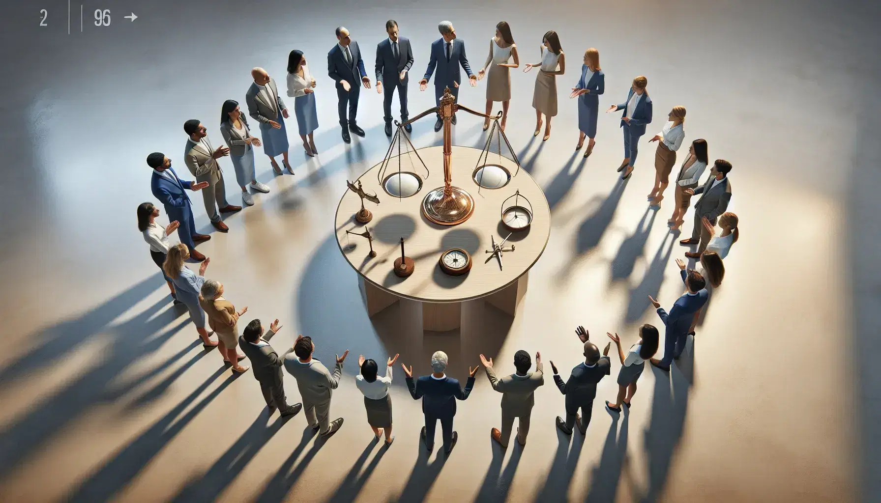 Grupo diverso de profesionales en debate con objetos simbólicos de tiempo, justicia y dirección en una mesa redonda.